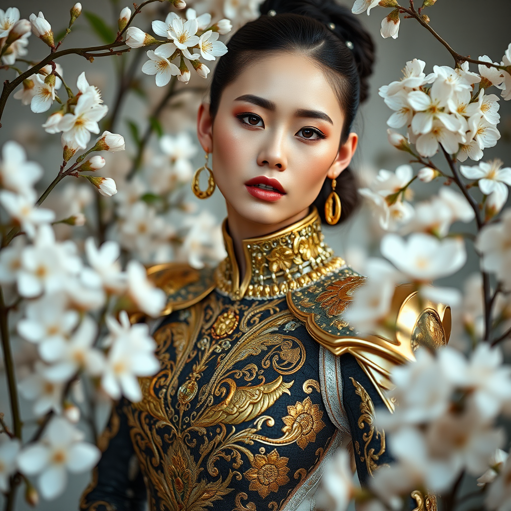 Generate a high-resolution portrait of a woman in an ornate futuristic outfit with intricate gold detailing, surrounded by blooming flowers, captured with a Canon EOS R5, 85mm f/1.2 lens, aperture set to f/1.2 for a shallow depth of field, soft natural lighting for a dreamy effect, in a studio environment.