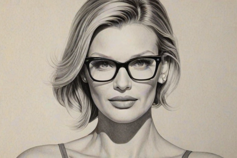 Elegant Natasha Henstridge, pencil sketch, portrait of Fascinating woman 1968s in glasses, hair style beatnik, outline, clear lines, fine lines, 8k