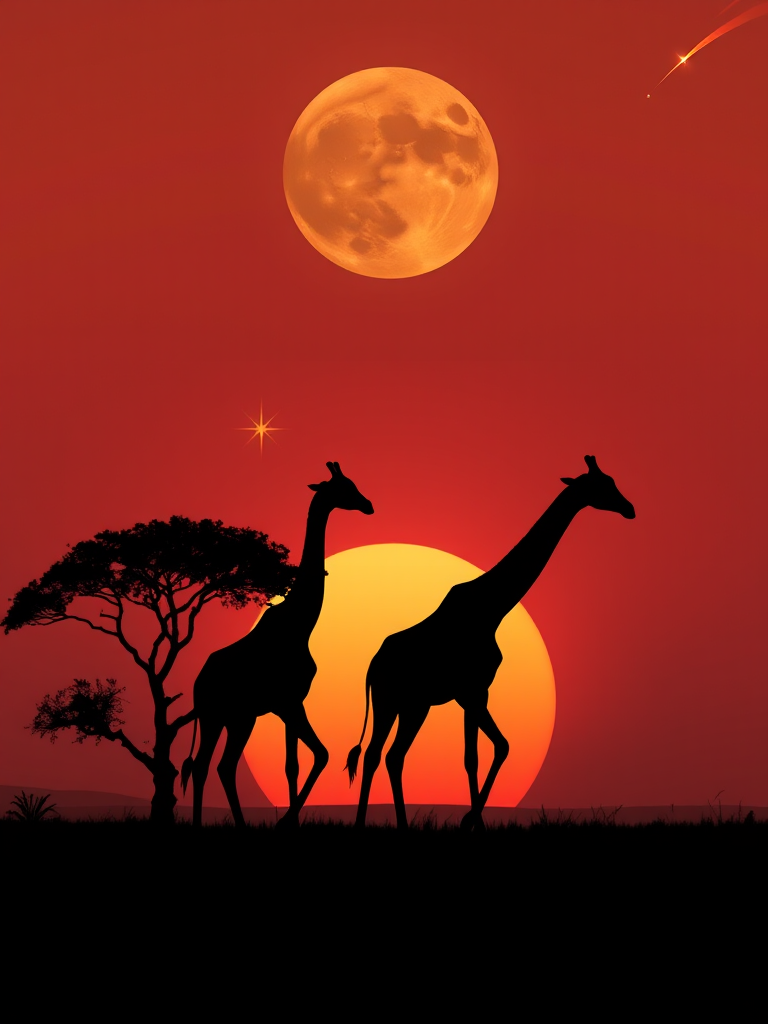 Create a silhouette of three giraffes walking against a sunset background with a large moon and a shooting star, set in a minimalist landscape with a single tree, captured with a Canon EOS R5 at f/8, ISO 100, 50mm lens, in landscape orientation for high detail and sharpness.