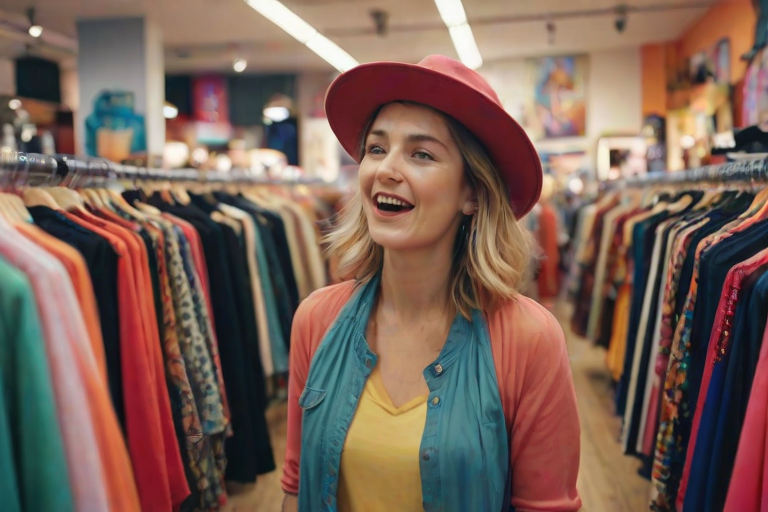 Blurry candid shot of a woman shopping in a vibrant clothing store, surrounded by colorful fabrics and accessories, with a playful expression as she tries on a stylish hat.