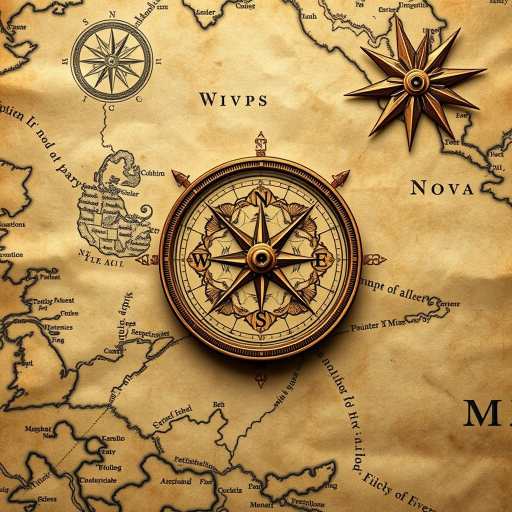 Create a vintage map on aged parchment with compass designs and intricate details, captured with a Canon EOS 5D Mark IV, 50mm lens at f/2.8, ISO 100, natural light, top-down view to enhance texture and warmth.