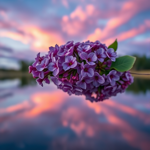 Capture a close-up of lilac flowers with vibrant purple hues, set against a dramatic sky with pink and purple clouds reflecting in a calm water surface, shot with a DSLR camera at f/2.8, ISO 100, shutter speed 1/200s, 50mm lens, in portrait orientation for enhanced depth and detail.