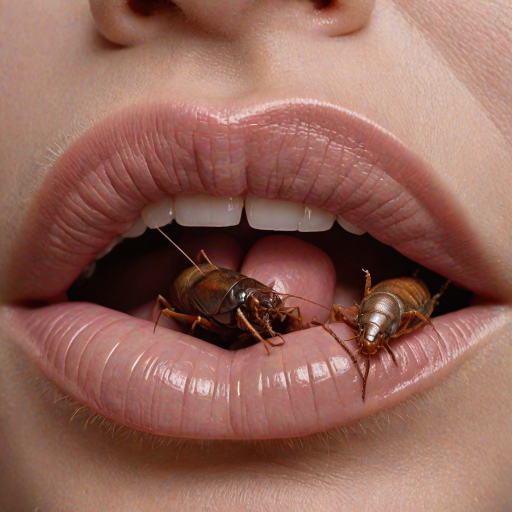 Written name "name" in ginat letters Close-up of realistic human lips, soft pink and glossy, with detailed textures A small vividly cockroach with sharp teeth is crawling out of the mouth The cockroach's skin is highly detailed with a shiny texture and its teeth are menacing and sharp The lips appear moist with subtle reflections of light and the cockroach contrasts starkly with the smooth skin of the lips Hyperrealistic style with intricate textures and lighting