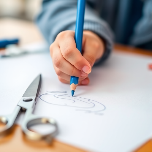Close-up shot of a child's hand holding a blue pencil while drawing on a white sheet of paper, scissors nearby, natural light, aperture f/2.8, shutter speed 1/100 sec, ISO 200, DSLR camera, shallow depth of field for focused detail.
