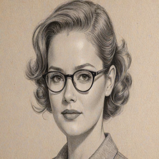 Splendid Sarah Drew, pencil sketch, portrait of Superb woman 1949s in glasses, hair style beatnik, outline, clear lines, fine lines, 8k