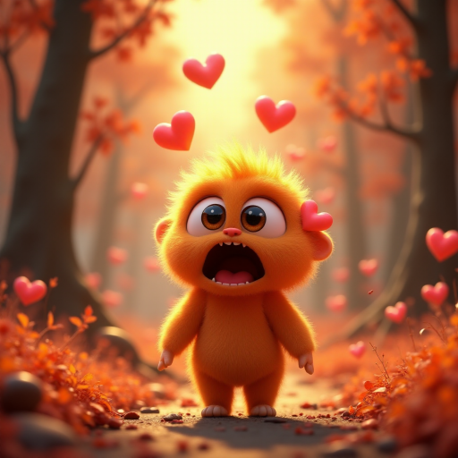 A fluffy orange creature with large eyes and a wide open mouth stands on a path in a whimsical forest, bright pink and red hearts float through the air, the creature has a surprised expression, the light is warm and soft, photorealistic, digital art, 3D style