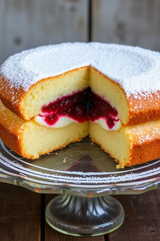 A beautifully baked sponge cake with a layer of cream and raspberry jam in the center, dusted with powdered sugar, displayed on a vintage glass cake stand with a rustic background.