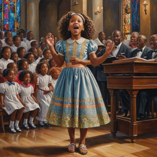 oil painting realistic a cute African American girl singing a gospel song, her hair is in ringlets with a ribbon, she is wearing a beautiful dress with matching shoes, she is standing on a stage in a church with a black choir, music notes. vibrant colors highly detailed