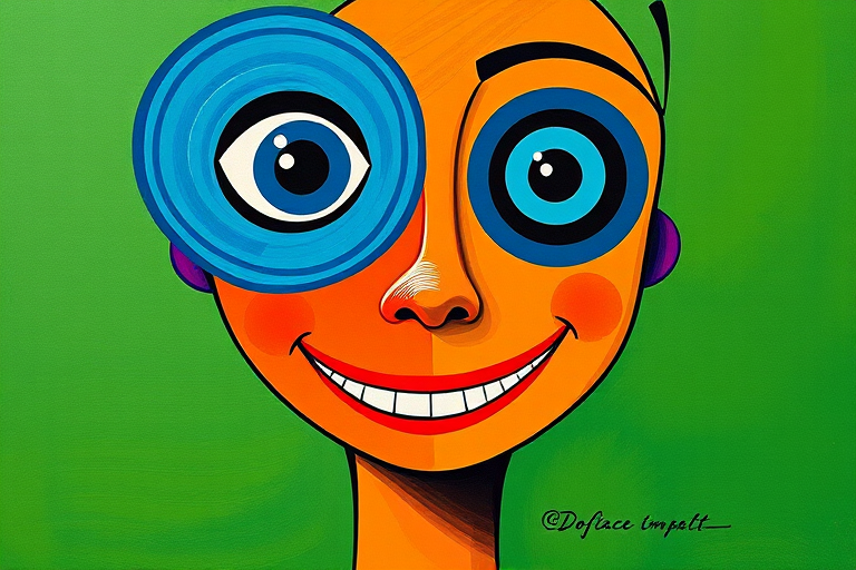Create a vibrant digital artwork featuring a stylized abstract face with large circular eyes in shades of blue, a green background, and a bright orange smile, using a high-resolution digital camera set to f/8 aperture, ISO 100, 24mm lens, taken from a straight-on perspective with a focus on vivid colors and contrasting shapes.