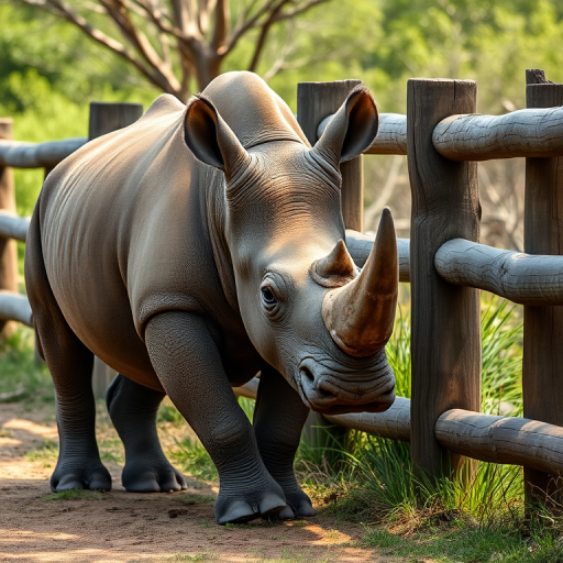 Capture a high-resolution image of a rhinoceros standing near a wooden fence in a natural setting, using a Canon EOS R5 with a 50mm lens at f/2.8, ISO 200, shutter speed 1/250s, in soft natural light for enhanced detail and texture.