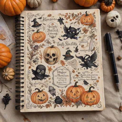 Design a detailed watercolor, vintage-inspired Halloween-themed imagery for a cottagecore junk journal. The design features a spooky yet shabby chic aesthetic with handwritten elements in faded ink, showing slight wear. Include pumpkins, cute ghosts, and adorable skulls alongside autumn florals, all rendered in soft pastel colors like pale orange, cream, and black for accents. The imagery has a slight worn or parchment texture, creating a nostalgic feel. The high-resolution image has no blur, contrast, or grainy textures, and is filled with intricate details in 8k definition.
