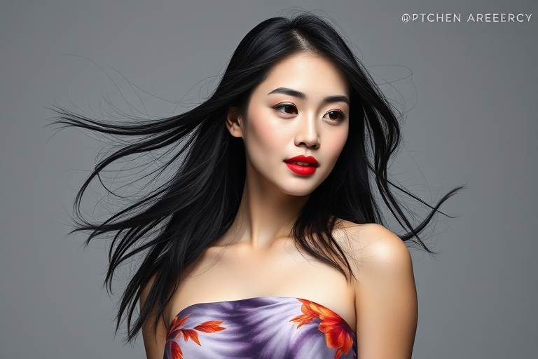 Photographic image of a beautiful young Singaporean woman, red eyes, lips with red lipstick, long hair fluttering in the wind and wearing a silk strapless dress with a soft purple and orange print. monochrome image with only color highlights in the iris of the eyes, lipstick and dress. Gray background.