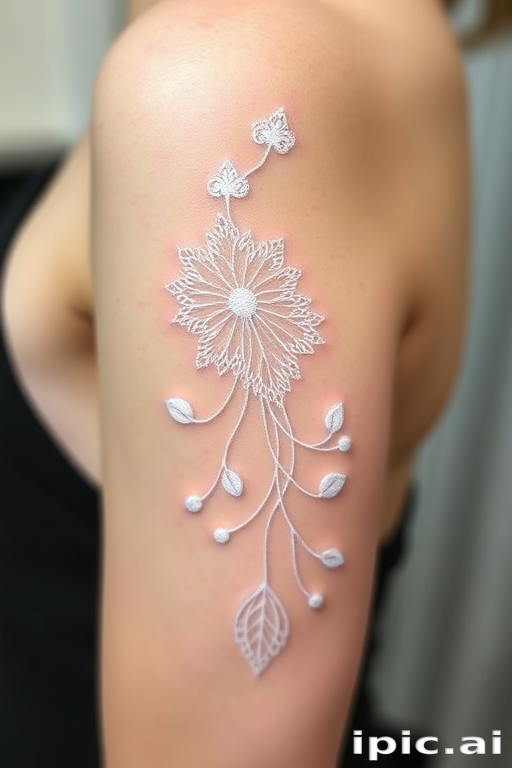 Ethereal white ink tattoo featuring delicate lace-like patterns and flowing organic shapes, subtle contrast against skin tone, intricate details visible upon closer inspection, elegant and feminine design