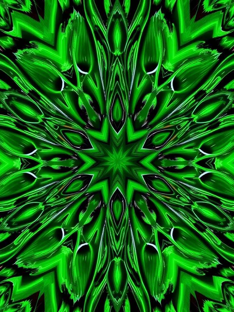 Generate a symmetrical abstract pattern with intricate geometric shapes in vibrant green hues, using a high-resolution DSLR camera at f/8 aperture, ISO 100, and a 50mm lens, capturing a top-down view to enhance depth and detail, while applying a macro photography style for improved texture clarity.