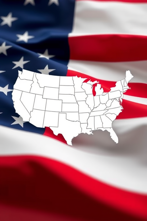Create an image of the outline of the United States centered on a background of the American flag, using a high-resolution digital camera with a focal length of 50mm, aperture set to f/8, ISO 100, shot in landscape orientation with a soft focus effect.