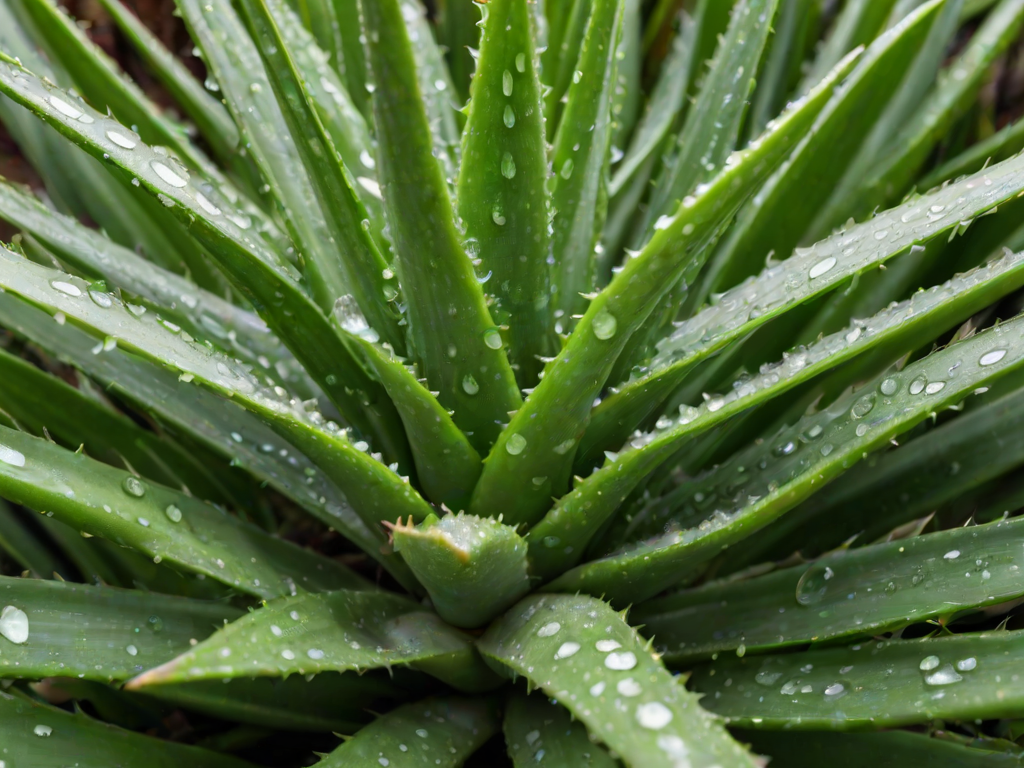 close-up of an aloe vera plant with droplets of water on its thick, green leaves, showcasing a vibrant and fresh appearance