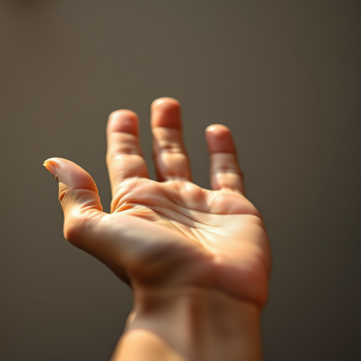 Create a highly detailed and realistic image of an open human hand with soft lighting, using a DSLR camera with a 50mm lens, aperture f/1.8, ISO 100, and a shallow depth of field to focus on texture and warmth.