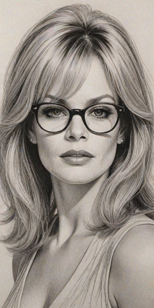Bewitching Melanie Griffith, pencil sketch, portrait of Attractive woman 1968s in glasses, hair style beatnik, outline, clear lines, fine lines, 8k