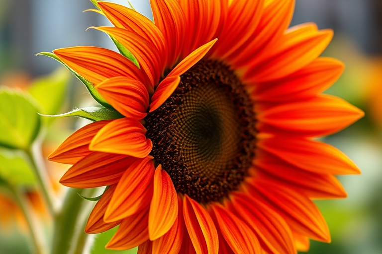 sunflower in vibrant colors, side view, macro photography, f/2.8 aperture, 100mm lens, ISO 200, natural lighting