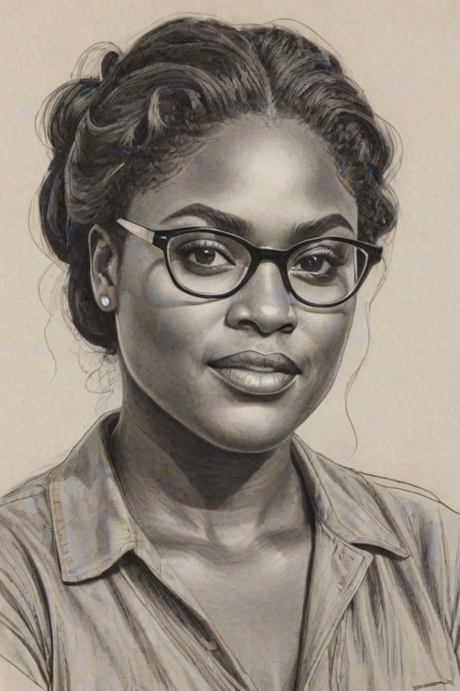 Comely Danielle Brooks, pencil sketch, portrait of Charming woman 1975s in glasses, hair style beatnik, outline, clear lines, fine lines, 8k