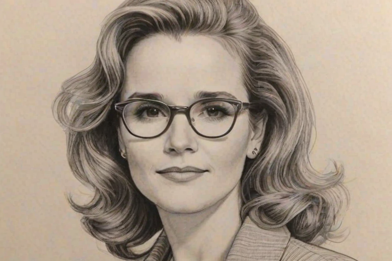 Lovely Lea Thompson, pencil sketch, portrait of Magnificent woman 1955s in glasses, hair style beatnik, outline, clear lines, fine lines, 8k