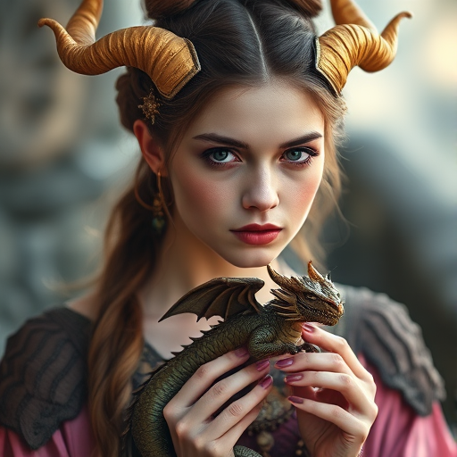 Create a highly detailed fantasy portrait of a young woman with golden horns and mystical attire, holding a small, ornate dragon, shot with a Canon EOS R5 at 50mm f/1.2, ISO 100, with soft lighting and a shallow depth of field to enhance the ethereal quality and intricate details.
