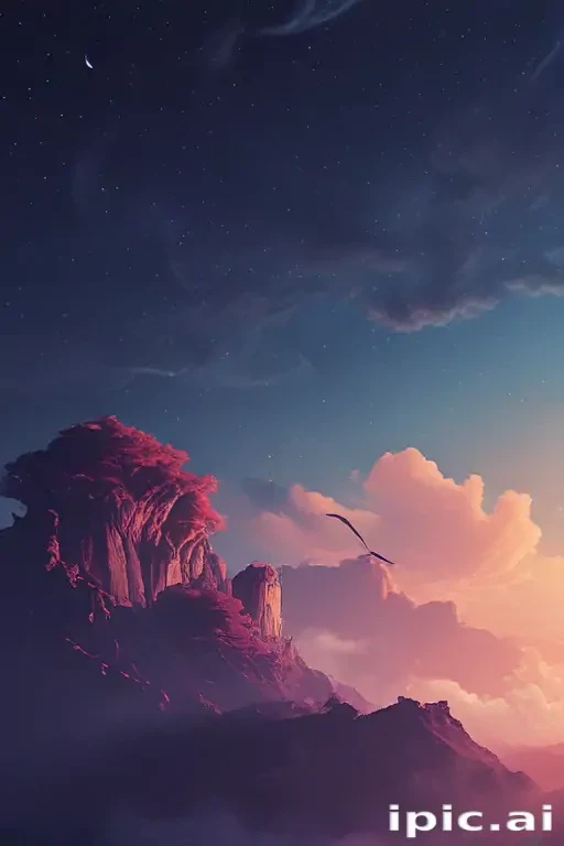 Majestic Mountain Landscape Under a Starry Sky with Dreamy Clouds