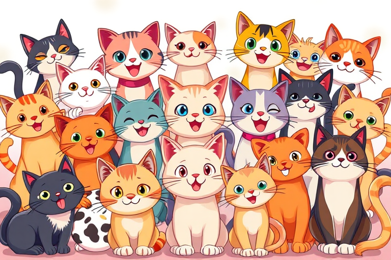 Create a vibrant and colorful digital illustration of a diverse group of cartoon cats in various poses and expressions, captured from a frontal view with a wide-angle lens at f/5.6, ISO 100, and a resolution of 300 DPI to enhance the image quality.