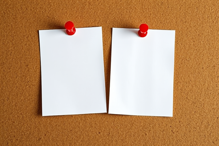 Create a high-resolution close-up image of two sheets of paper pinned to a corkboard with red pushpins, use a DSLR camera with a 50mm lens, aperture set to f/2.8 for a shallow depth of field, ISO 100 for clarity, and natural light for a soft and inviting look.