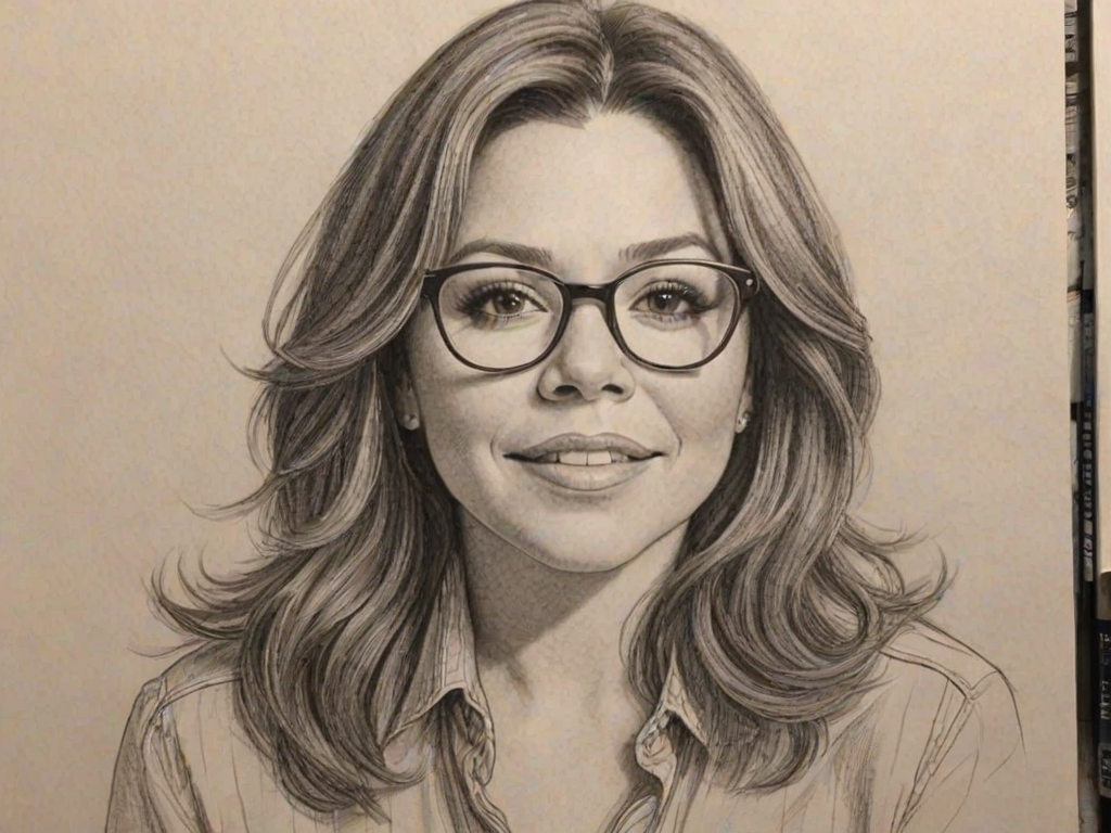 Enchanting Rachael Ray, pencil sketch, portrait of Gorgeous woman 1979s in glasses, hair style beatnik, outline, clear lines, fine lines, 8k