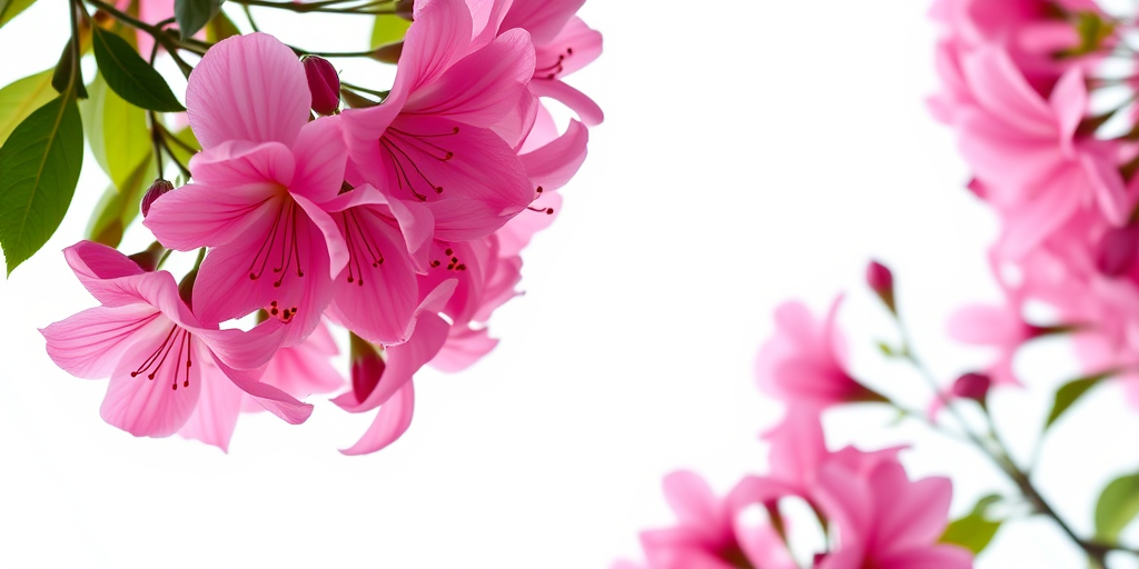 Capture a delicate arrangement of pink blooming azaleas against a soft, luminous white background with a DSLR camera, 50mm lens, f/2.8 aperture, 1/200 sec shutter speed, shot from a slightly elevated angle to emphasize the flowers' elegance and detail.