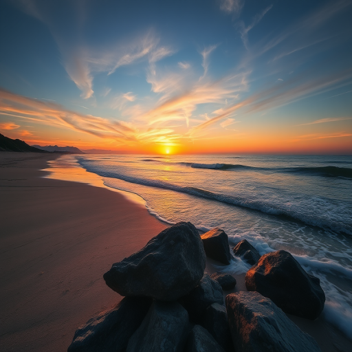 sunset at a beach with gentle waves lapping at the shore and rocky formations in the foreground, captured with a DSLR camera, 35mm lens, aperture f/11, ISO 200, shutter speed 1/60s, captured in landscape orientation, high dynamic range for enhanced colors and details