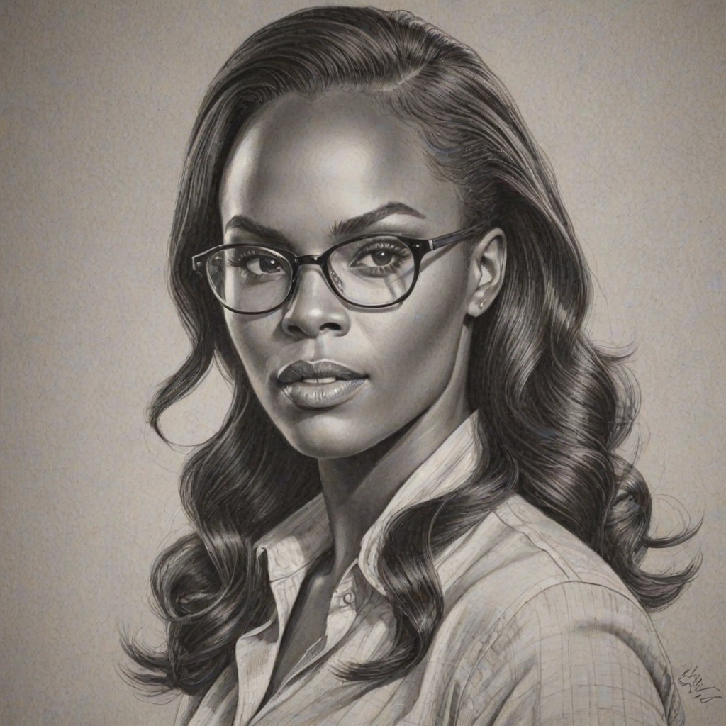 Superb Tika Sumpter, pencil sketch, portrait of Fascinating woman 1942s in glasses, hair style beatnik, outline, clear lines, fine lines, 8k