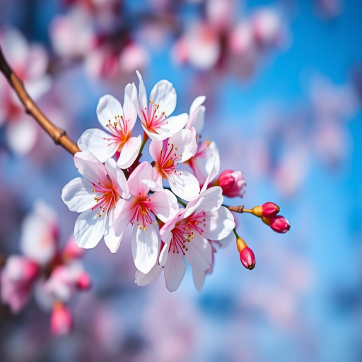macro shot of blooming cherry blossoms on a branch with a blurred background, ISO 100, aperture f/2.8, shutter speed 1/500s, 50mm lens, natural light, DSLR camera