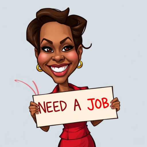 caricature of a smiling Halle Berry in a Scarlet dress or suit, holding up a sign that says "NEED A JOB", no watermark,