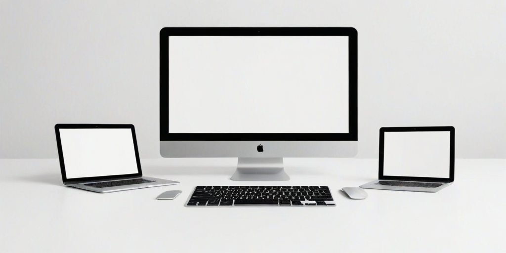 design a minimalist illustration of three electronic devices including a smartphone, tablet, and laptop, all with blank screens on a white background