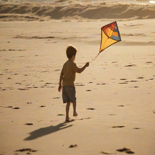 Blurry action shot of a child flying a kite on a windy day at the beach, soft golden light from the setting sun casting long shadows on the sand, with the kite barely visible against the sky.