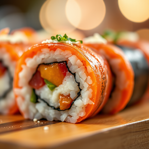 Sushi roll close-up with vibrant colors, shot with a Canon EOS R5, 50mm lens, f/1.8, ISO 200, shallow depth of field, warm lighting and bokeh background to enhance details and texture.