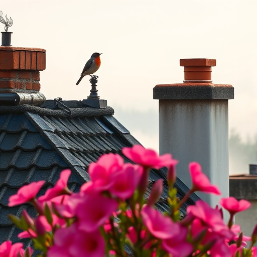 Generate an illustration of a rooftop scene featuring a bird perched on a chimney, with vibrant pink flowers in the foreground, using a Canon EOS R5, 85mm f/1.2 lens, aperture set to f/4, ISO 100, in natural soft lighting with a slight foggy atmosphere.
