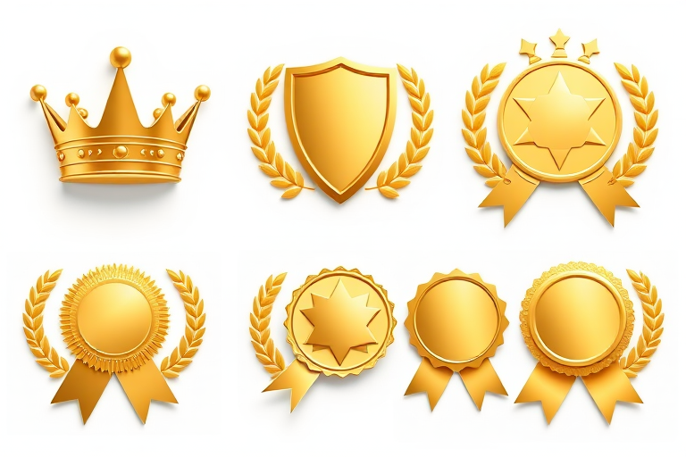 Create a high-resolution image of six distinct golden award symbols including a crown, shield, starburst, and various badge shapes, using a DSLR camera with an aperture of f/2.8, ISO 100, and a focal length of 50mm, shot from a straight-on view in a soft lighting setting to enhance details and reflections.