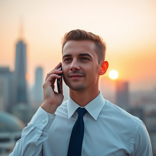 portrait of a young man in a white shirt and blue tie talking on the phone against a city skyline during sunset, 85mm lens, f/1.8 aperture, ISO 200, shallow depth of field, soft focus background, natural lighting, DSLR camera