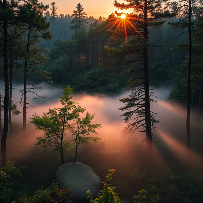 Create a high-resolution image of a lush forest landscape during sunrise with mist hanging low over the ground, using a DSLR camera with a 35mm lens, aperture set to f/8, ISO 200, shutter speed 1/100 sec, capturing a wide-angle view to emphasize depth and vibrancy of colors.