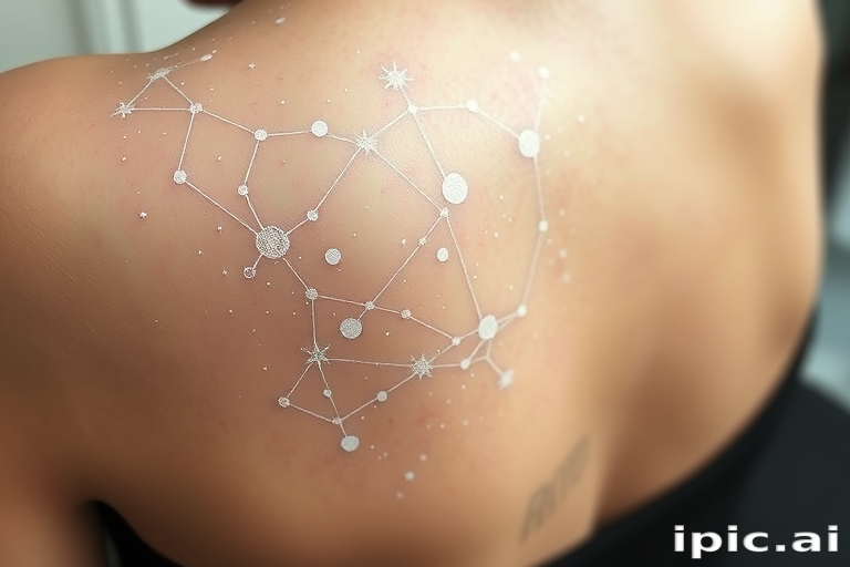 Ethereal white ink tattoo called "Celestial Whispers" showcasing a delicate constellation map of stars and planets connected by gossamer-thin lines barely visible against the skin creating a subtle shimmer effect that becomes more prominent in certain lighting conditions incorporating microscopic details of cosmic phenomena such as nebulae and galaxies rendered in varying opacities of white ink to create depth and dimension