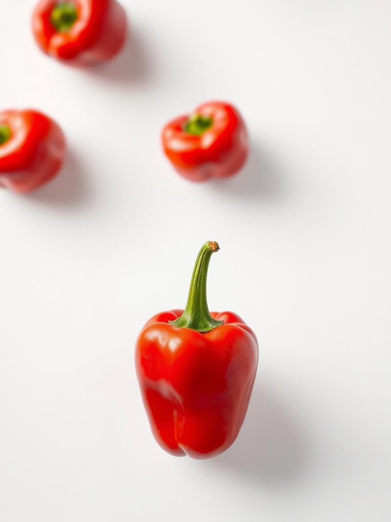 Create a hyper-realistic image of a red bell pepper on a white background, shot with a Canon EOS R5 at f/2.8, 1/200s, ISO 100, using a macro lens to capture intricate details and vibrant colors.