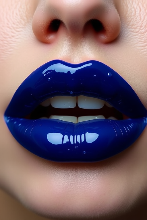 Deep sapphire blue lip lacquer named "Midnight Ocean," boasting intense pigmentation and a glossy, vinyl-like shine