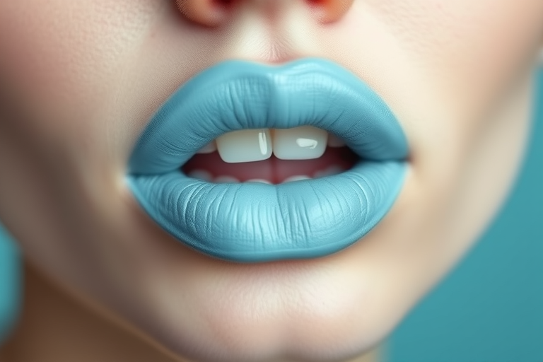Matte pastel blue lips with a powdery finish, titled "Cloud Nine," exhibit a soft, dreamy color and velvety texture for an avant-garde look