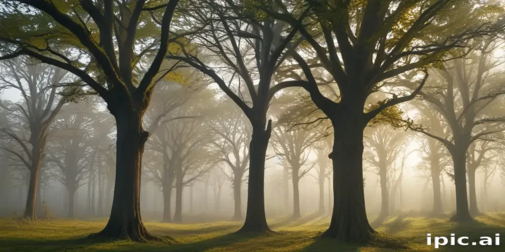 A Tranquil Morning in a Misty Forest Surrounded by Majestic Trees