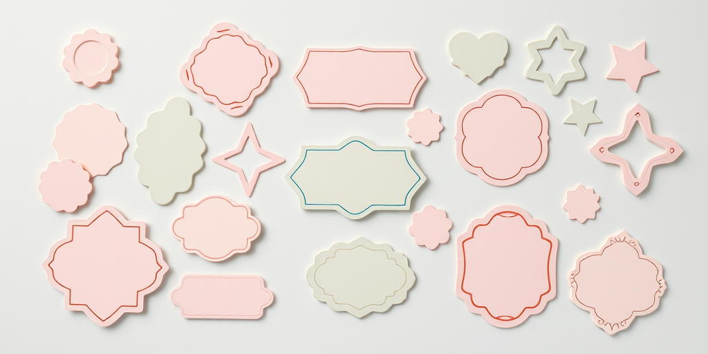 Create a flat lay image of various decorative label shapes in a pastel color palette, with a professional studio lighting setup, using a DSLR camera at f/2.8 aperture, 50mm lens, and ISO 100 for enhanced image quality.