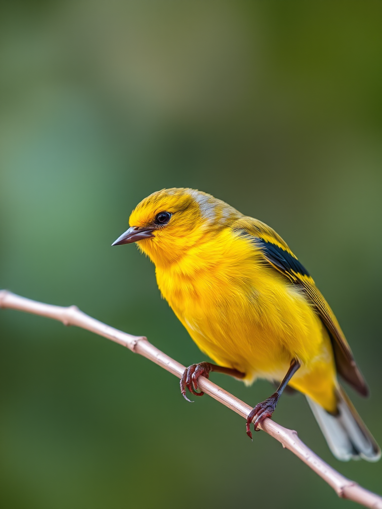 Regenerate a close-up image of a vibrant yellow bird perched on a slender branch, using a DSLR camera, setting aperture to f/2.8, shutter speed of 1/200s, ISO 200, focus mode set to single AF, with a natural blurred background effect highlighting the bird's details.