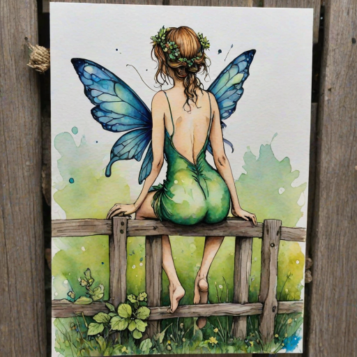 create an image of a fairy from behind sitting on a  fence watercolour and alcohol inks